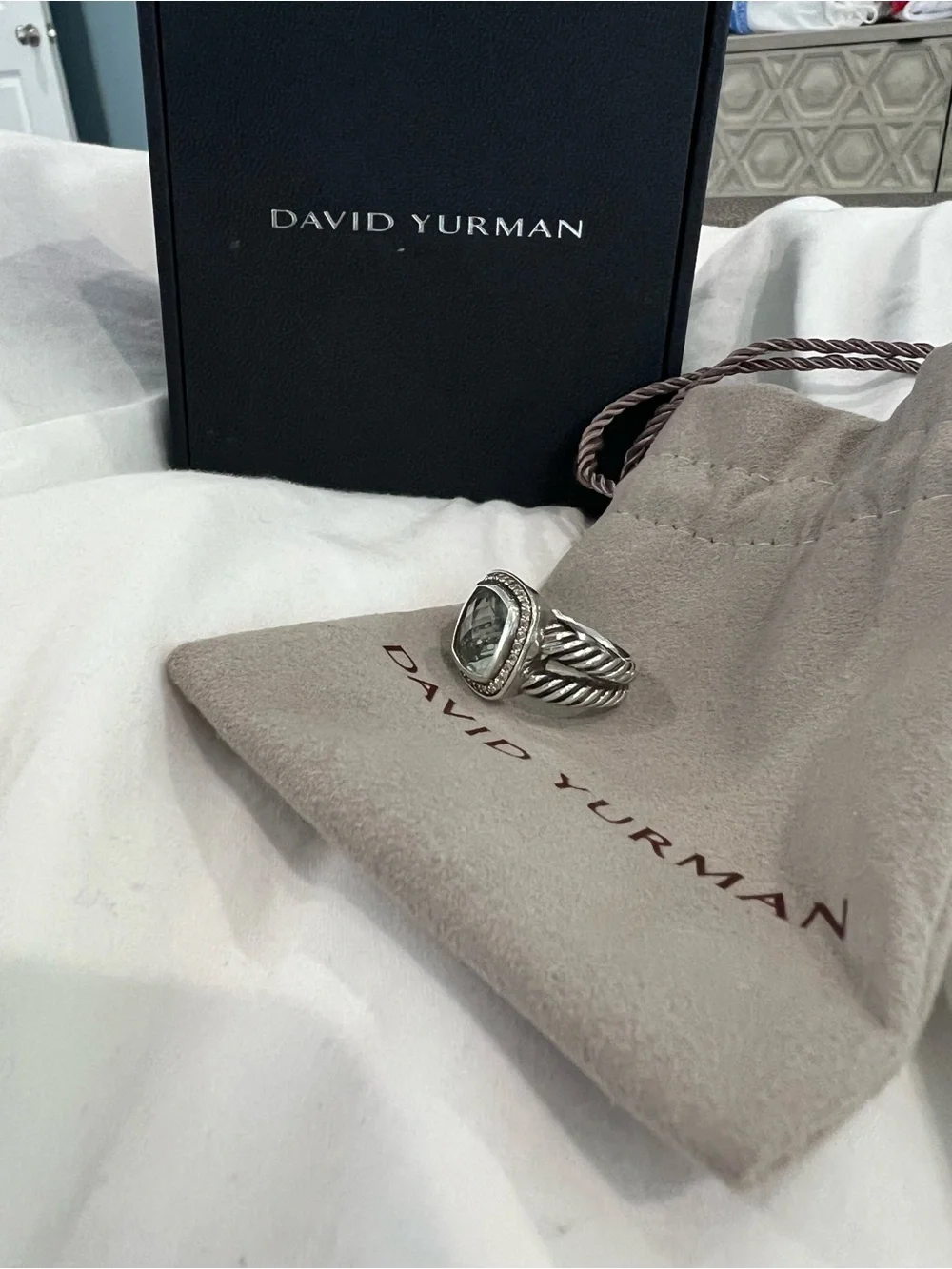 David Yurman 11mm Albion Ring Prasiolite with Diamonds size 5.75 - Picture 3 of 9